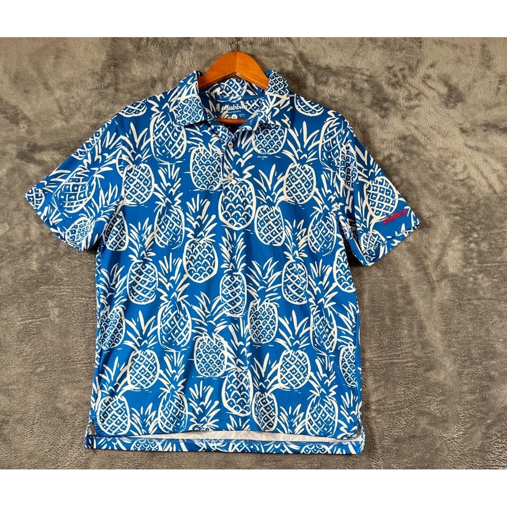 Chubbies Polo Shirt Mens M Blue White Stretch Hawaiian Pineapple Short Sleeve